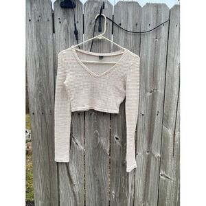 SHEIN Women Cream Beige Waffle Knit V-Neck Long Sleeve Crop Top XS 2